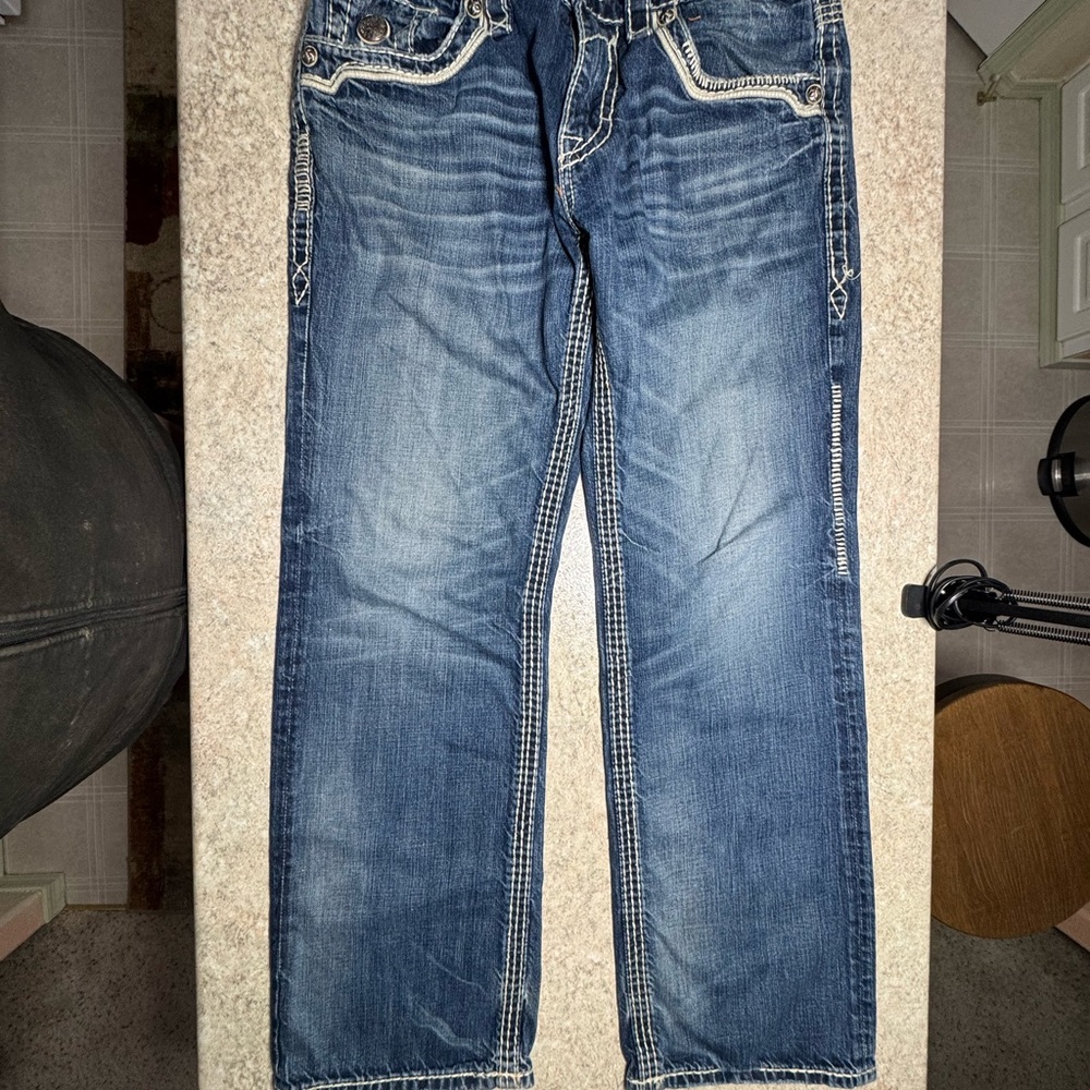 Rock Revival Ty Relaxed Straight Jeans 34x31 Men Thick Stitch Pocket Distressed